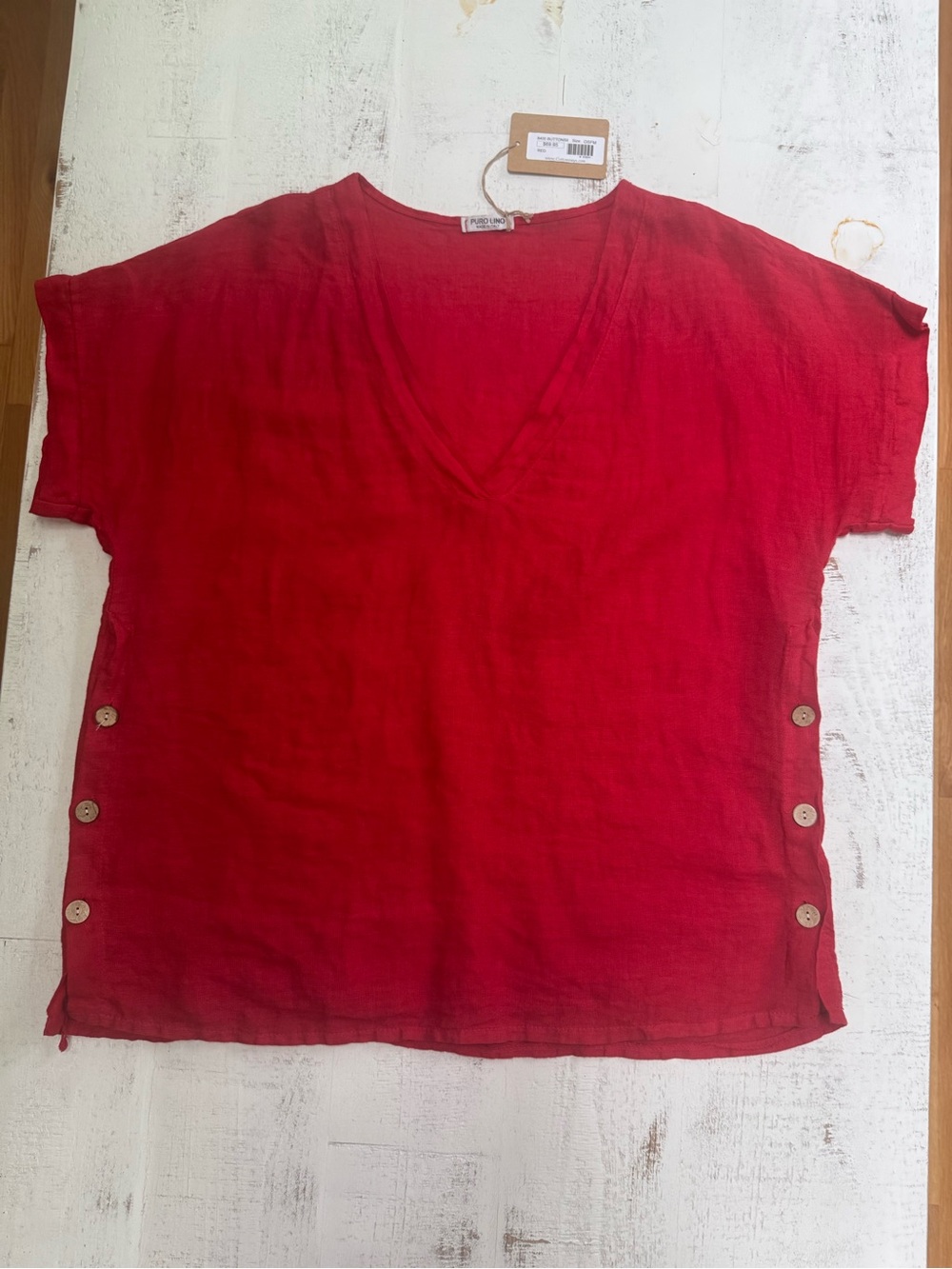100% Linen Women's Red V-Neck Short Sleeve Tunic with Side Button Accents